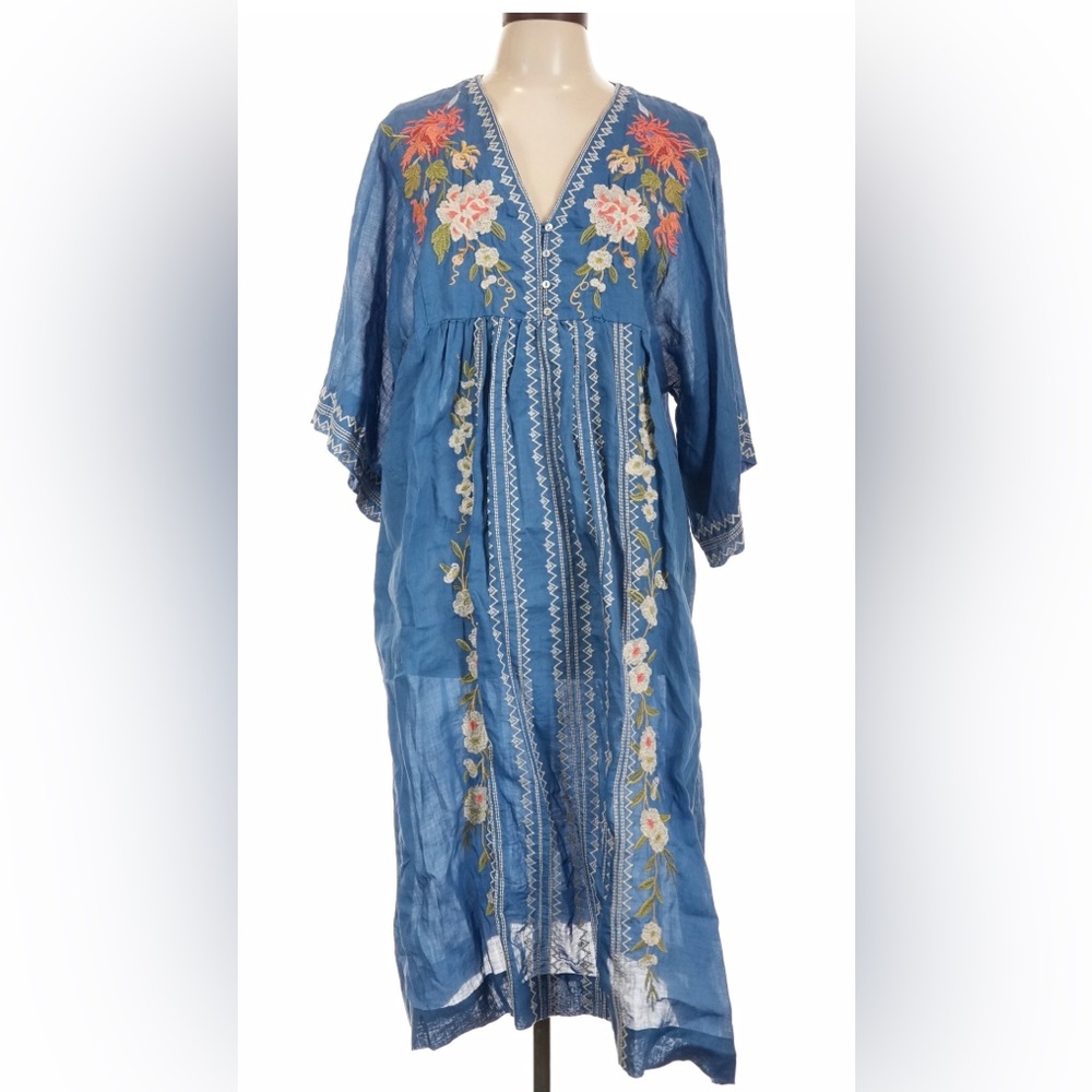 🌺 Johnny Was Nalina Kimono Dress L Blue Floral Embroidered Boho Ramie W37123-2 - Picture 2 of 7